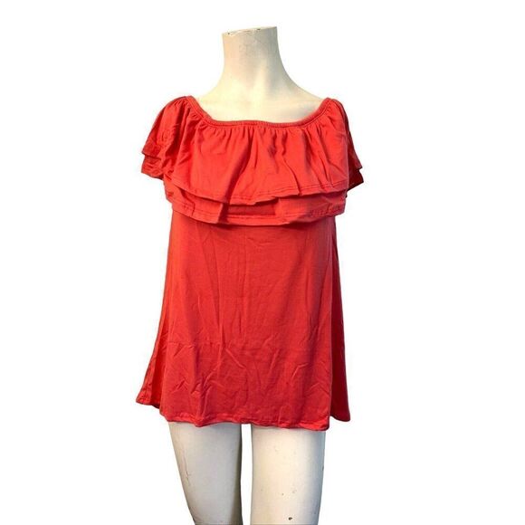 Ladies Medium Off Shoulder Ruffled Blouse Coral Pink Super Soft Stretch Top New - Picture 1 of 6